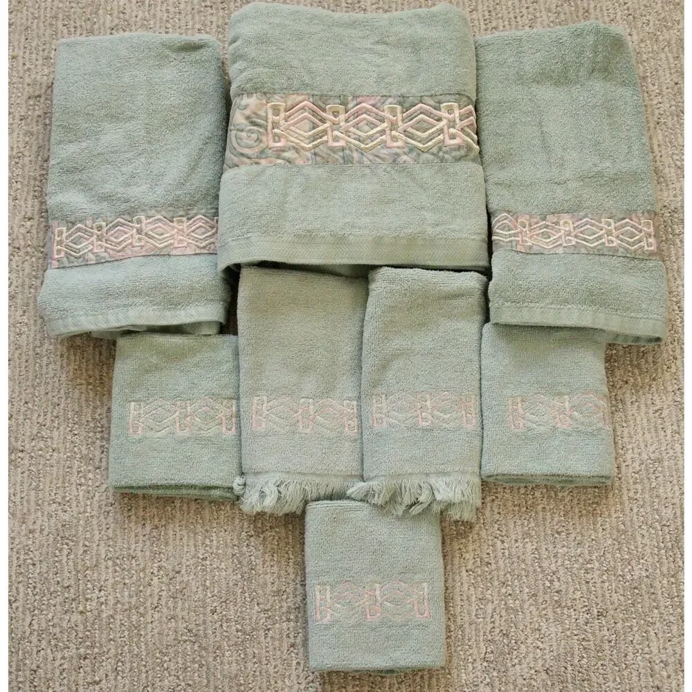 Fieldcrest Mills Towel Set of 8 Teal Blue Embroidered Bath Hand Fingertip USA